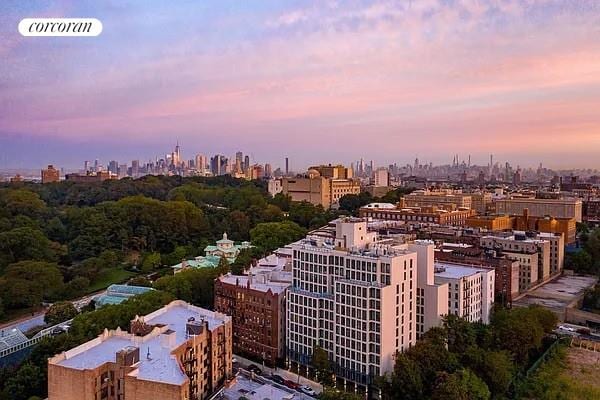 view of aerial view at dusk