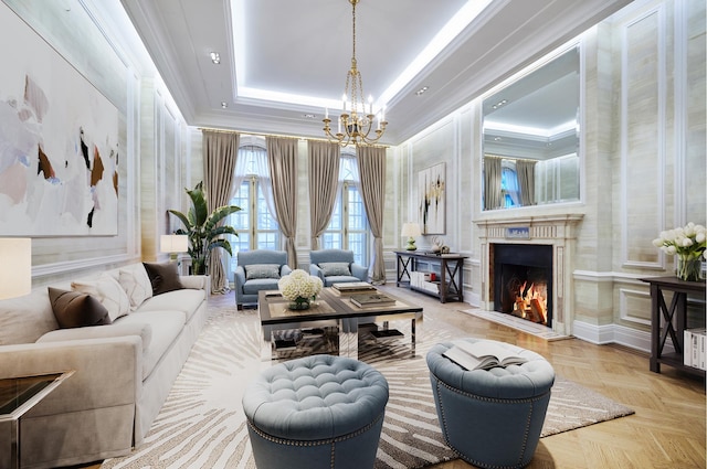 16 E 76th St, New York City, NY 10021 - living room with a chandelier, a lit fireplace, a raised ceiling, and crown molding