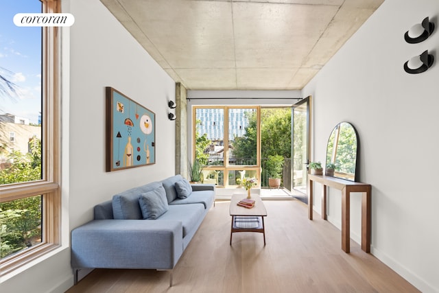 living area featuring plenty of natural light, wood finished floors, and baseboards