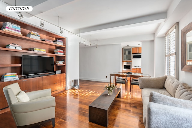 living room featuring hardwood / wood-style flooring and rail lighting