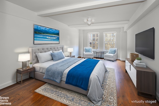 bedroom with beamed ceiling and dark wood-type flooring