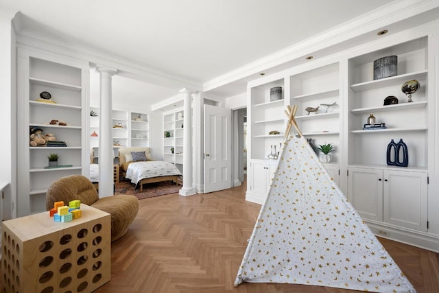 rec room featuring crown molding, ornate columns, and light parquet floors