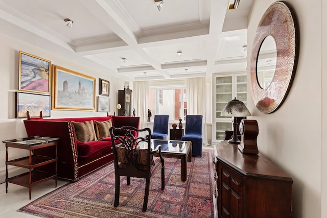 35 E 85th St Unit 2Fg, New York City, NY 10028 - living area with coffered ceiling, beam ceiling, and ornamental molding