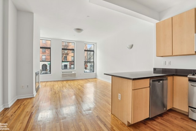 kitchen featuring light hardwood / wood-style floors, dishwasher, light brown cabinetry, and kitchen peninsula