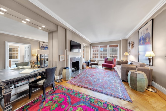 14 Sutton Pl S Unit 13F, New York City, NY 10022 - living area with ornamental molding, a fireplace, recessed lighting, and baseboards