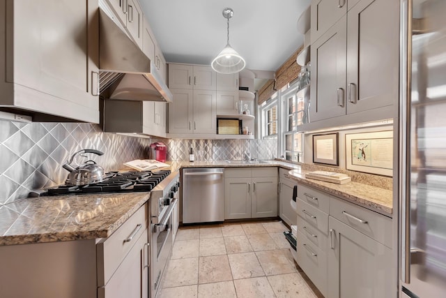 14 Sutton Pl S Unit 13F, New York City, NY 10022 - kitchen with high quality appliances, under cabinet range hood, tasteful backsplash, open shelves, and decorative light fixtures