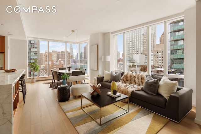 living area featuring a view of city, expansive windows, and light wood-style floors