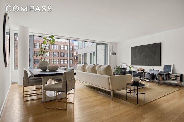 living area featuring baseboards and light wood finished floors