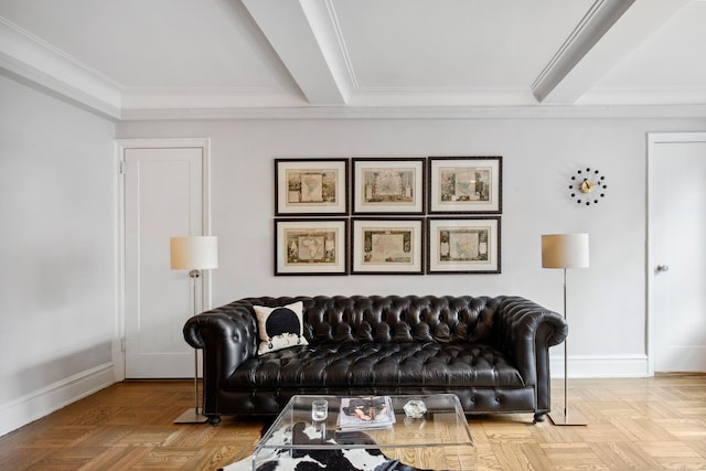 living room with beamed ceiling, baseboards, and ornamental molding