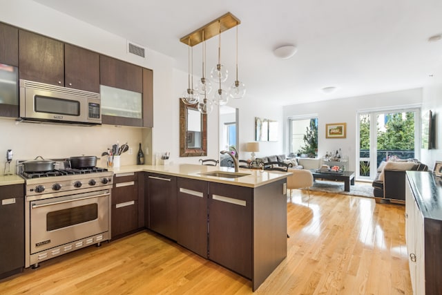 kitchen featuring stainless steel appliances, dark brown cabinetry, pendant lighting, sink, and kitchen peninsula