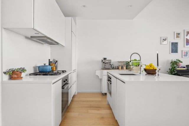 kitchen with light wood-type flooring, white cabinetry, sink, and appliances with stainless steel finishes