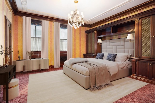 bedroom with crown molding, radiator heating unit, a notable chandelier, and light colored carpet