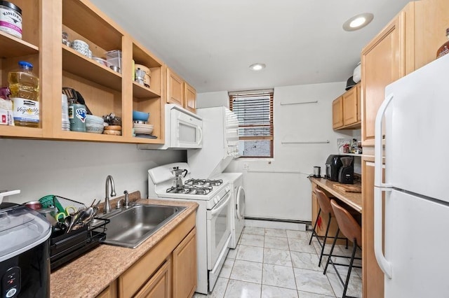 1741 73rd St, New York City, NY 11204 - kitchen with white appliances, light countertops, recessed lighting, light marble finish floors, and light brown cabinets