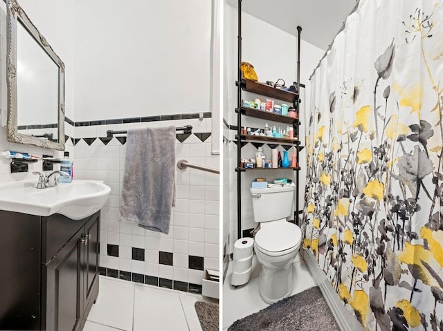 1741 73rd St, New York City, NY 11204 - full bath featuring vanity, tile walls, wainscoting, and curtained shower