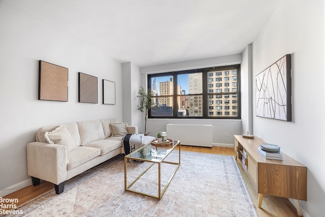 living area with baseboards, a city view, wood finished floors, and radiator