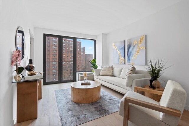 living area featuring a view of city and light wood-style flooring