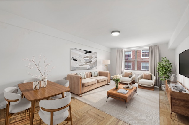 living room with light parquet floors