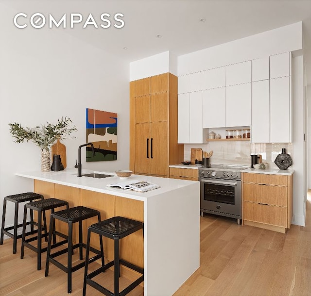 kitchen with a sink, white cabinets, light countertops, and stainless steel stove