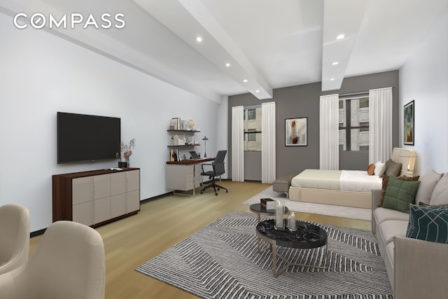 bedroom featuring light wood-style floors, beamed ceiling, and recessed lighting