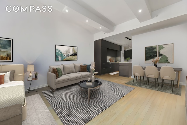 living room featuring beam ceiling, recessed lighting, light wood-style flooring, and baseboards