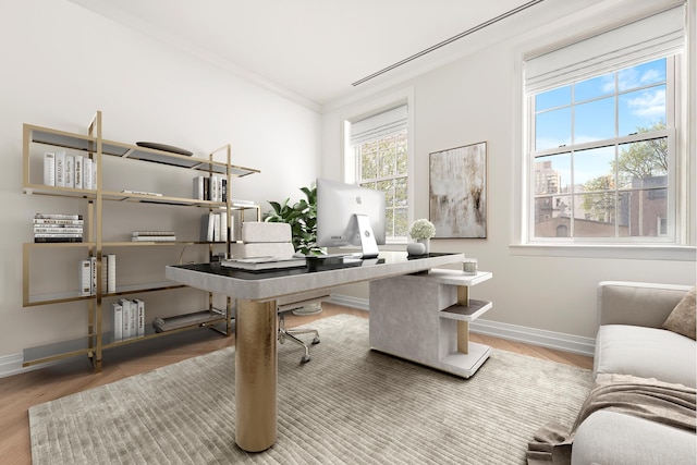 office featuring baseboards, ornamental molding, and wood finished floors