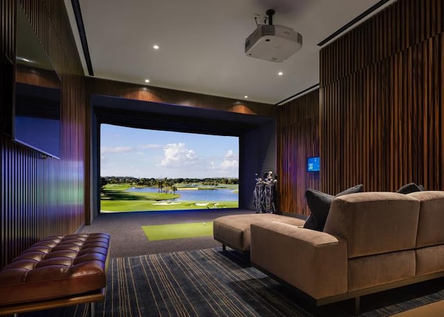 15 Hudson Yards Unit 38C, New York City, NY 10001 - carpeted cinema with golf simulator, wooden walls, and recessed lighting