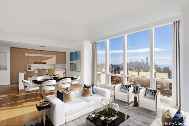 living area with a view of city and wood finished floors