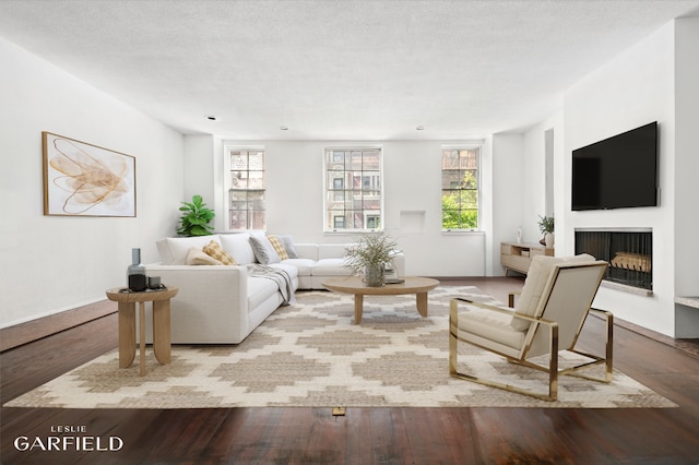 living area featuring a wealth of natural light, a fireplace, wood finished floors, and a textured ceiling