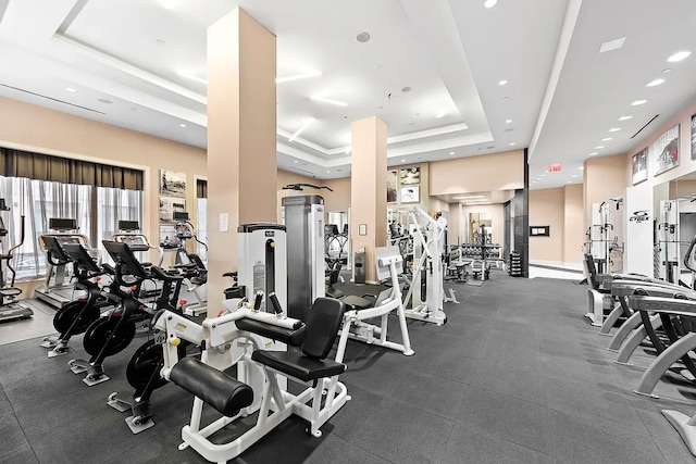 80 Riverside Blvd Unit Ph-1B, New York City, NY 10069 - gym featuring a tray ceiling and recessed lighting
