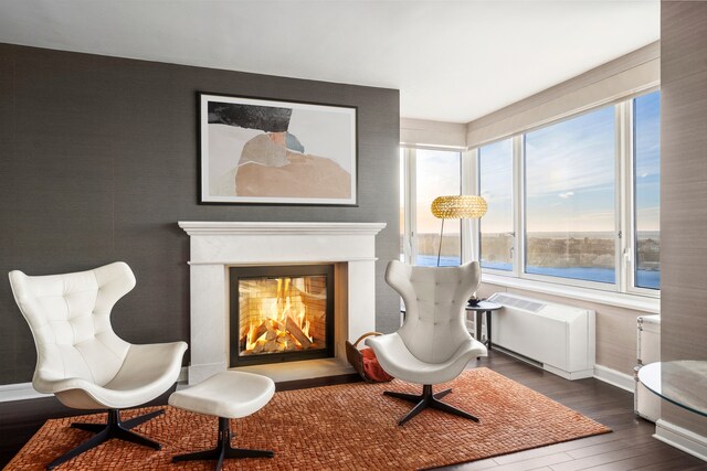 80 Riverside Blvd Unit Ph-1B, New York City, NY 10069 - sitting room featuring healthy amount of natural light, dark wood-style floors, a glass covered fireplace, and baseboards
