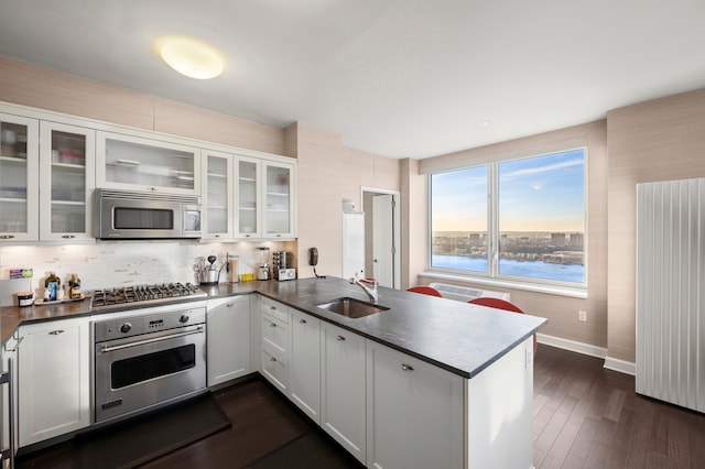 80 Riverside Blvd Unit Ph-1B, New York City, NY 10069 - kitchen with appliances with stainless steel finishes, a sink, a peninsula, dark countertops, and tasteful backsplash