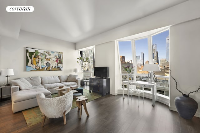 515 W 18th St Unit 1205, New York City, NY 10011 - living room with dark wood-type flooring and baseboards