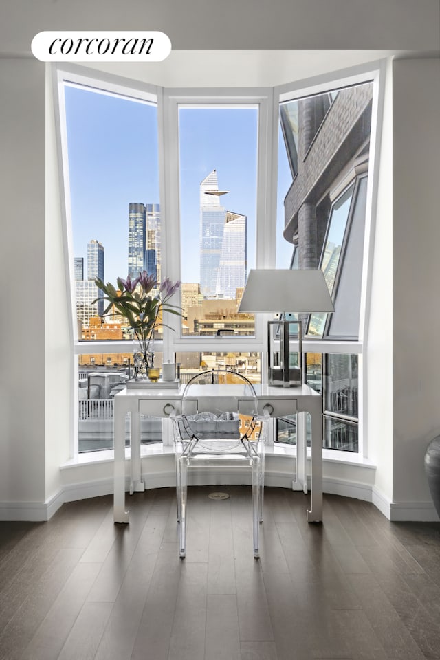 interior space with a view of city, baseboards, and wood finished floors