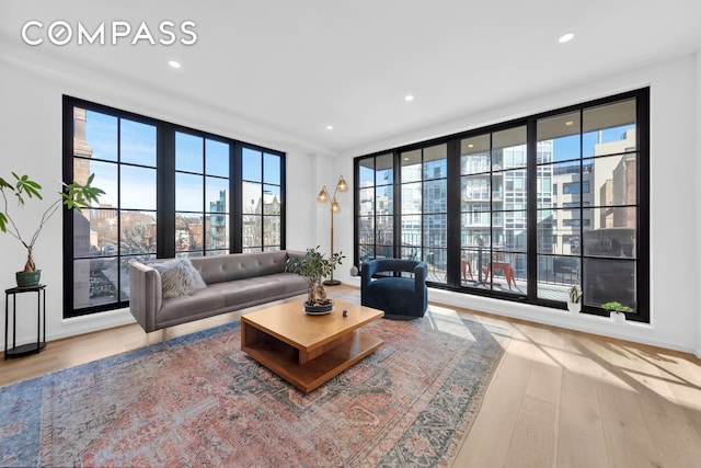 living room featuring recessed lighting and wood finished floors