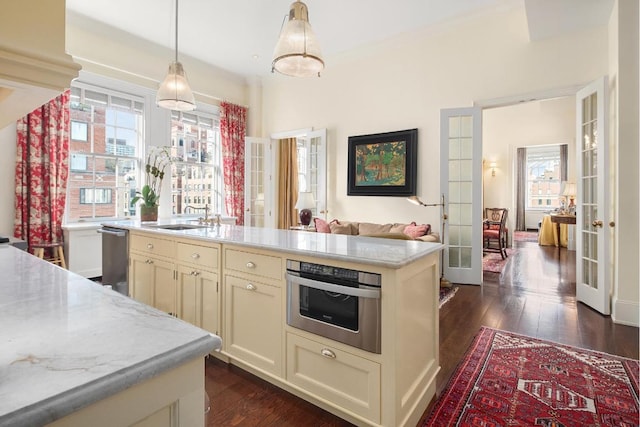 kitchen with appliances with stainless steel finishes, dark wood finished floors, french doors, and a sink