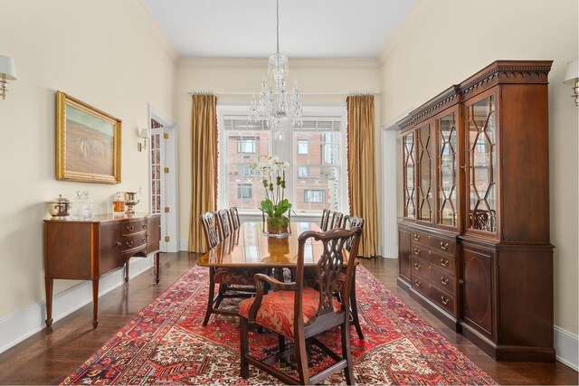 1 Sutton Pl S Unit 12D, New York City, NY 10022 - dining space with a chandelier, crown molding, baseboards, and dark wood finished floors