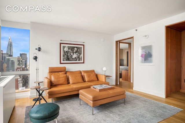 living room featuring a city view, baseboards, and light wood-style floors