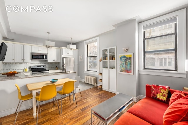 kitchen featuring radiator, a peninsula, a sink, appliances with stainless steel finishes, and backsplash