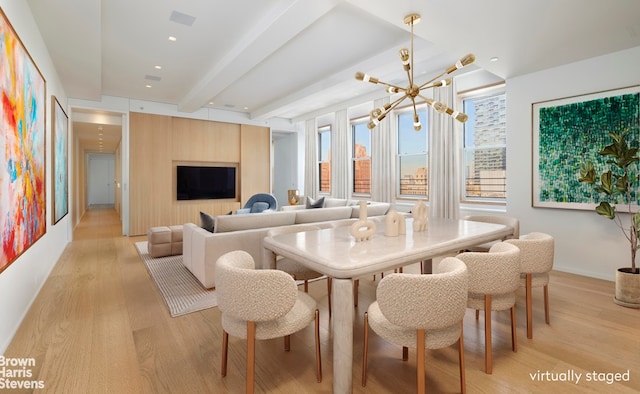 dining space with light wood-type flooring, a chandelier, beamed ceiling, and recessed lighting