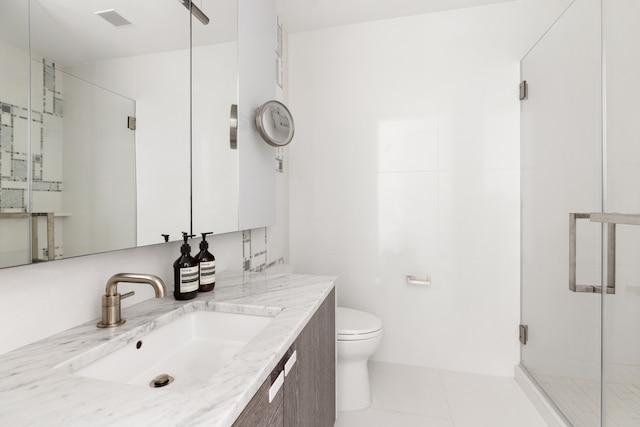 full bathroom with vanity, toilet, tile patterned floors, visible vents, and a stall shower