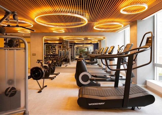 workout area featuring baseboards and light colored carpet