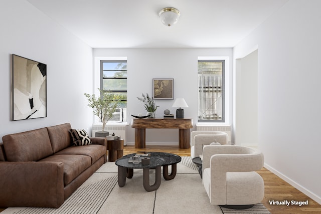 living room with light wood finished floors, a wealth of natural light, and baseboards