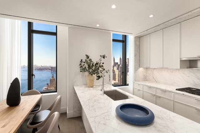 kitchen featuring a water view, a sink, white cabinetry, and light stone countertops