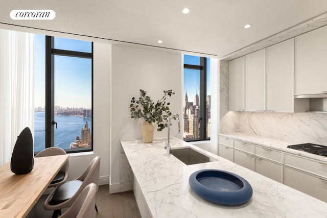 kitchen with white cabinetry, a water view, a sink, and light stone countertops