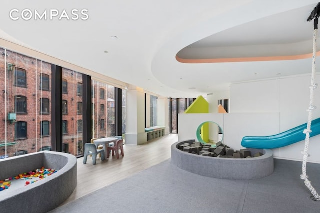 playroom featuring floor to ceiling windows, a tray ceiling, and wood finished floors