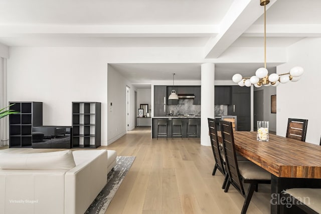 dining space with light wood-type flooring, beam ceiling, a notable chandelier, and baseboards