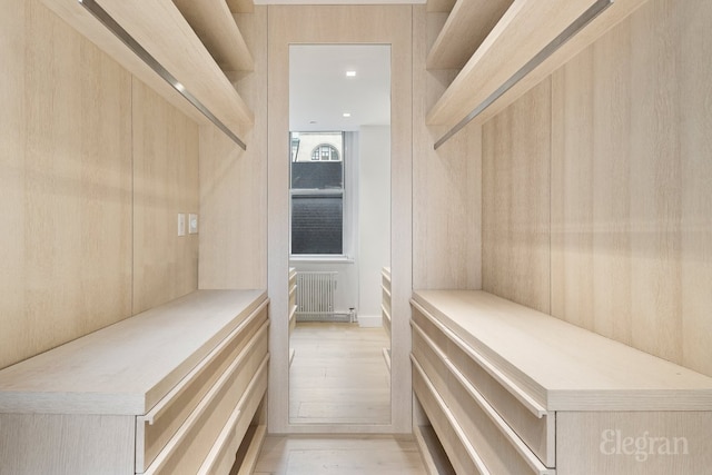 spacious closet with light wood-type flooring and radiator heating unit