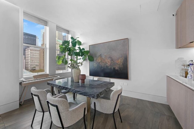 dining room featuring dark wood-style floors, a view of city, and baseboards