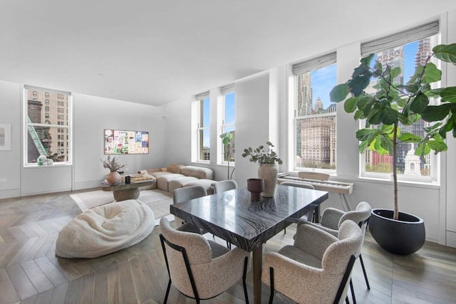 dining area with a city view