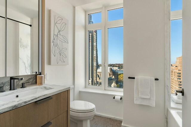 bathroom with a view of city, vanity, toilet, and a healthy amount of sunlight